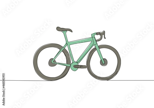 Single continuous line drawing of mountain race bicycle logo. Urban bike to work and go green movement concept. One line draw design vector illustration
