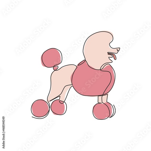Single continuous line drawing of simple cute poodle puppy dog icon. Pet animal logo emblem vector concept. Modern one line draw design graphic illustration