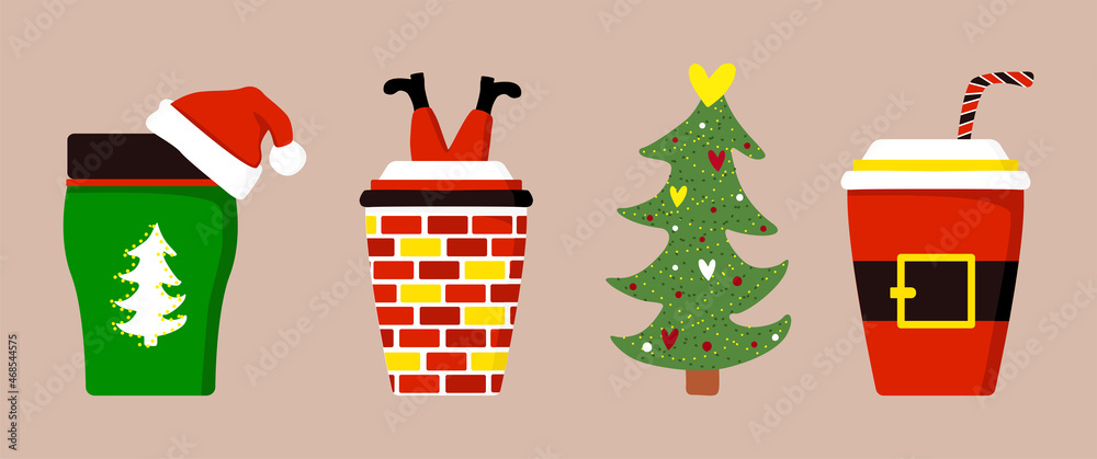 Xmas coffee. Set mug, cup, tree, Santa in chimney. Christmas banner hot chocolate. Vector illustration isolated.
