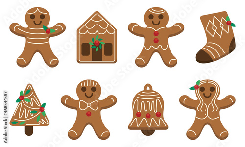 Série de petites illustrations de Christmas Noël, fête en famille, biscuit gingerbread pain d'épices bonhomme, mignon et joyeux, éléments pour communication