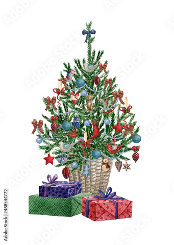 Watercolor illustration: Christmas tree decorated with balls,hand made toys and ornaments. Present boxes and gifts in red , blue colors.Template for the design of posters, cards, invitations