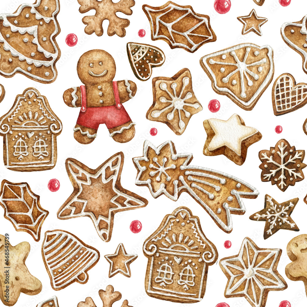 Winter seamless patterns with gingerbread cookies. Awesome holiday watercolor background. Christmas repeating texture for surface design, wallpapers, fabrics, wrapping paper etc. Winter seamless patterns with gingerbread cookies. Awesome holiday watercolor background. Christmas repeating texture for surface design, wallpapers, fabrics, wrapping paper etc.