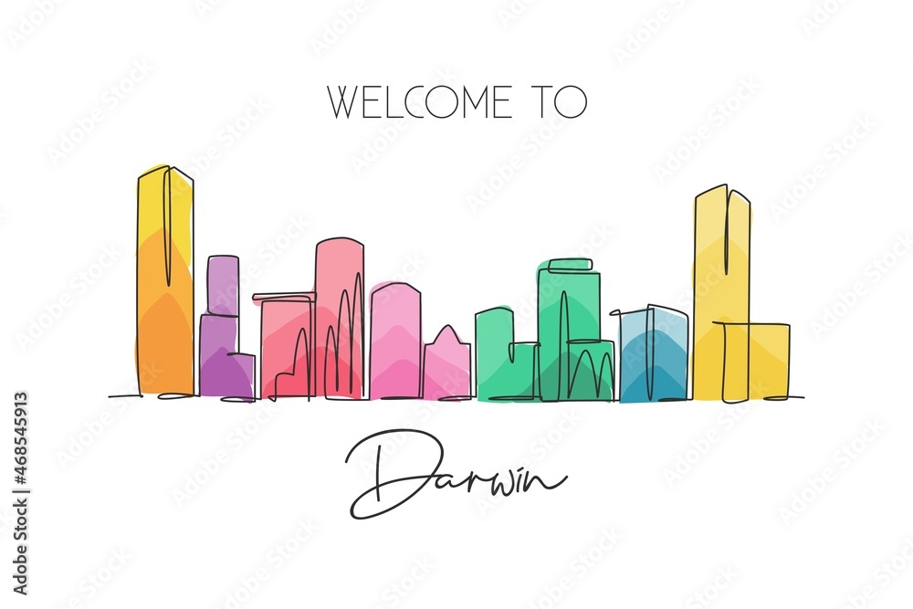 Fototapeta premium One continuous line drawing of Darwin city skyline, Australia. Beautiful landmark. World landscape tourism travel vacation poster. Editable stylish stroke single line draw design vector illustration