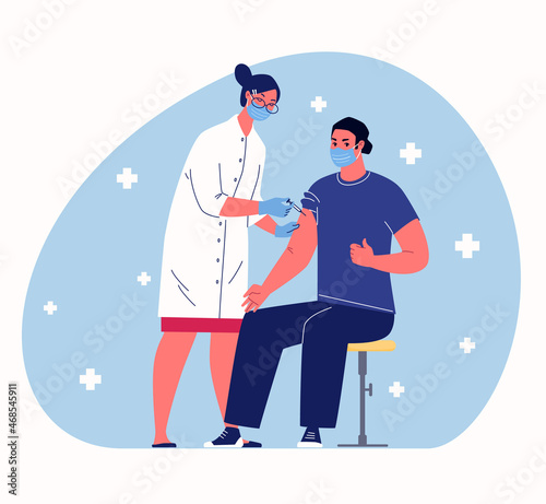 Concept of herd immunity during epidemic. Female doctor gives patient injection in shoulder. Vector cartoon style illustration with people characters.