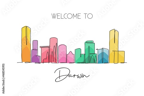 One continuous line drawing of Darwin city skyline, Australia. Beautiful landmark. World landscape tourism travel vacation poster. Editable stylish stroke single line draw design vector illustration