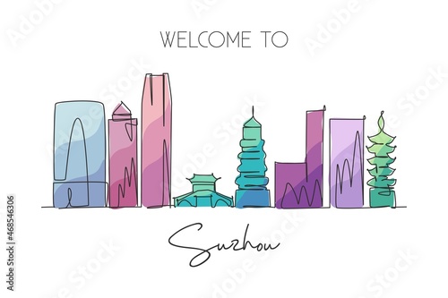 Single continuous line drawing of Suzhou city skyline, China. Famous city scraper and landscape wall decor poster. World travel concept. Editable stroke modern one line draw design vector illustration