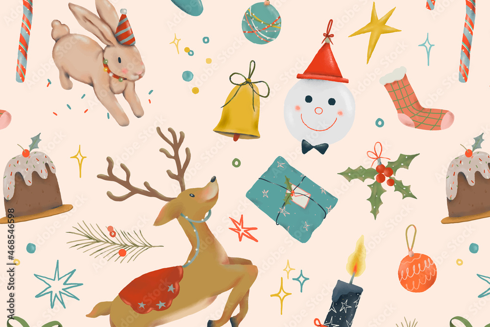 Christmas reindeer seamless pattern background, cute holidays season illustration vector