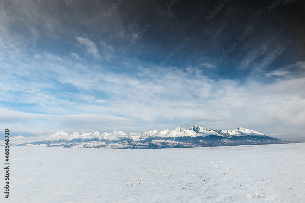 Winter season, landscape view on the snowy high hills