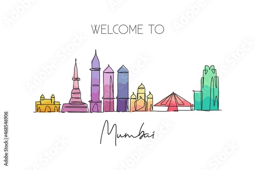 One continuous line drawing Mumbai city skyline, India. Beautiful city landmark home decor wall art poster print. World landscape tourism travel vacation. Single line draw design vector illustration
