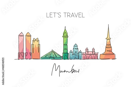 Single continuous line drawing of Mumbai city skyline, India. Famous city scraper and landscape postcard. World travel concept. Editable stroke modern one line draw design graphic vector illustration