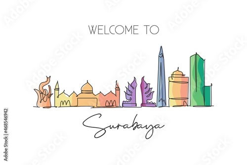 One single line drawing of Surabaya city skyline Indonesia. Historical town landscape home wall decor poster print art. Best holiday destination. Trendy continuous line draw design vector illustration