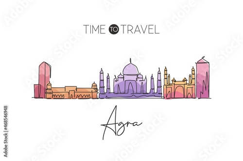 One single line drawing of Agra city skyline, India. Historical town landscape poster print. Best holiday destination. Editable stroke trendy continuous line draw design vector graphic illustration