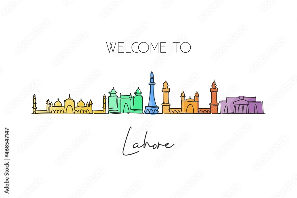 Single continuous line drawing of Lahore city skyline, Pakistan. Famous city scraper landscape home decor wall art poster print. World travel concept. Modern one line draw design vector illustration