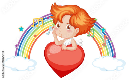 Cupid boy with melody symbols on rainbow