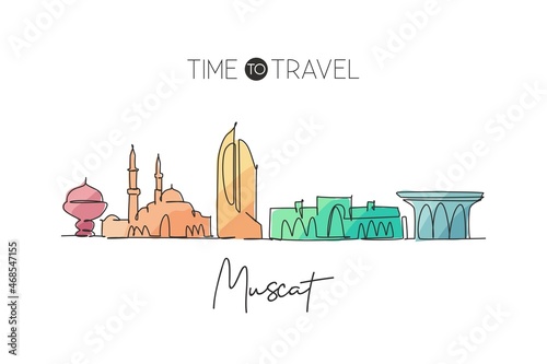One single line drawing of Muscat city skyline, Oman. Historical town landscape in the world. Best holiday destination. Editable stroke trendy continuous line draw design vector graphic illustration