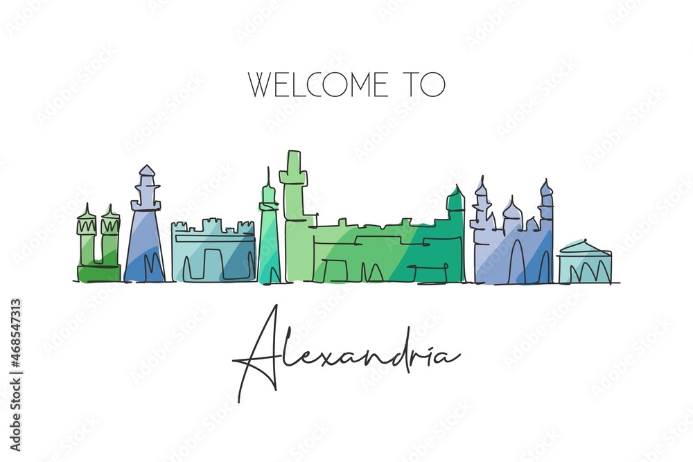 One continuous line drawing of Alexandria city skyline, Egypt. Beautiful city landmark. World landscape tourism and travel vacation. Editable stylish stroke single line draw design vector illustration