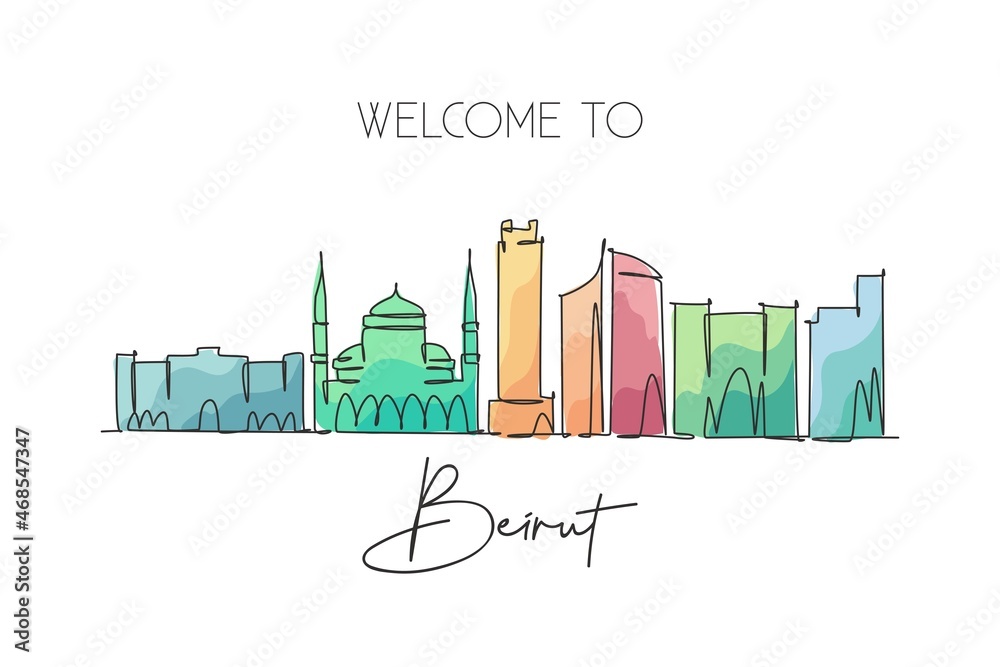 Fototapeta premium Single continuous line drawing of Beirut city skyline, Lebanon. Famous city scraper and landscape home wall decor poster print. World travel concept. Modern one line draw design vector illustration