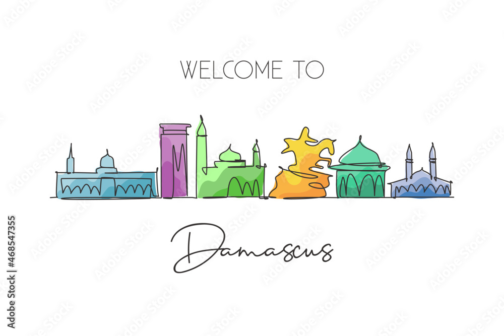 One continuous line drawing of Damascus city skyline, Syria. Beautiful city landmark. World landscape tourism and travel vacation. Editable stylish stroke single line draw design vector illustration