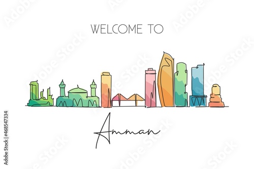 One single line drawing of Amman city skyline, Jordan. Historical town landscape in the world. Best holiday destination. Editable stroke trendy continuous line draw design graphic vector illustration