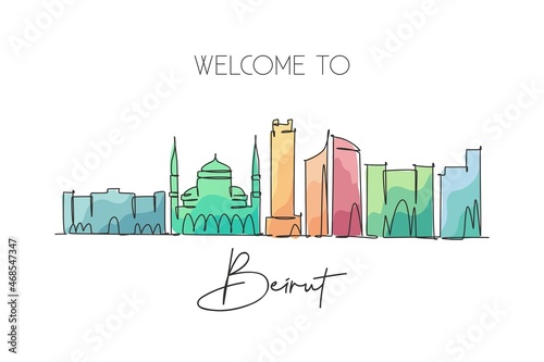 Single continuous line drawing of Beirut city skyline, Lebanon. Famous city scraper and landscape home wall decor poster print. World travel concept. Modern one line draw design vector illustration