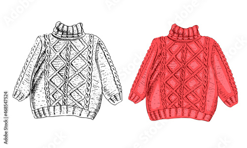 Knitted sweater hand-drawn vector illustration. The pullover sketch  isolated on a white background. Fashionable clothes of the autumn season.  Ink Pen Hand drawing.