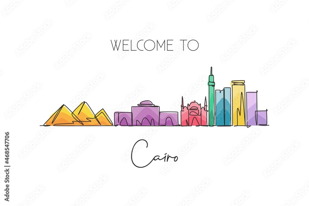 One continuous line drawing of Cairo city skyline, Egypt. Beautiful landmark. World landscape tourism and travel vacation. Editable stylish stroke single line draw design vector graphic illustration One continuous line drawing of Cairo city skyline, Egypt. Beautiful landmark. World landscape tourism and travel vacation. Editable stylish stroke single line draw design vector graphic illustration