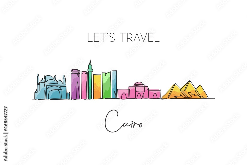 Single continuous line drawing of Cairo city skyline, Egypt. Famous city scraper and landscape home wall decor poster print art. World travel concept. Modern one line draw design vector illustration