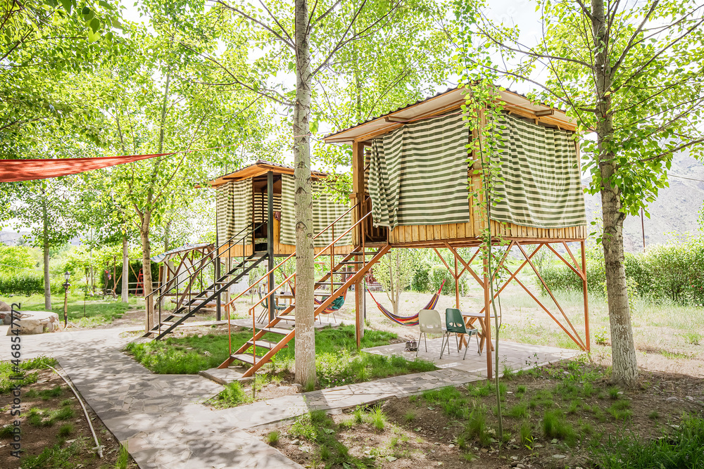 camping with small bungalow houses in the summer forest. The concept of outdoor recreation
