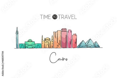 One single line drawing of Cairo city skyline, Egypt. Historical town landscape postcard print. Best holiday destination. Editable stroke trendy continuous line draw design vector graphic illustration