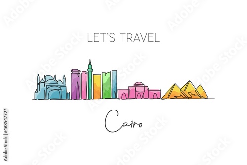 Single continuous line drawing of Cairo city skyline, Egypt. Famous city scraper and landscape home wall decor poster print art. World travel concept. Modern one line draw design vector illustration