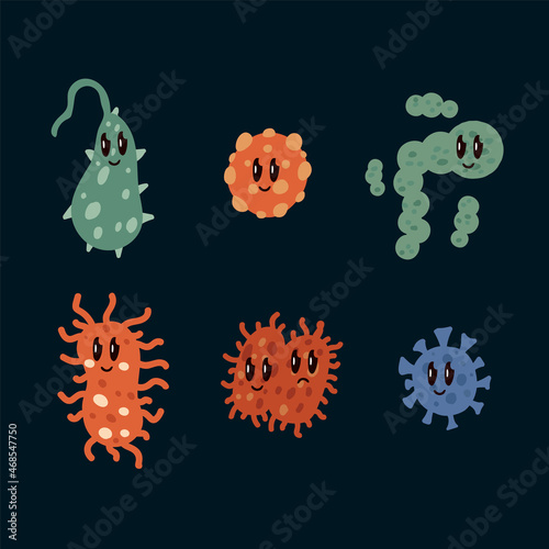 Cartoon icons for medicine Crown Stop. A set of viruses and bacteria for children's medical posters. Icons of microbes under the microscope. Vector illustration