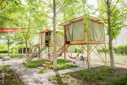 camping with small bungalow houses in the summer forest. The concept of outdoor recreation