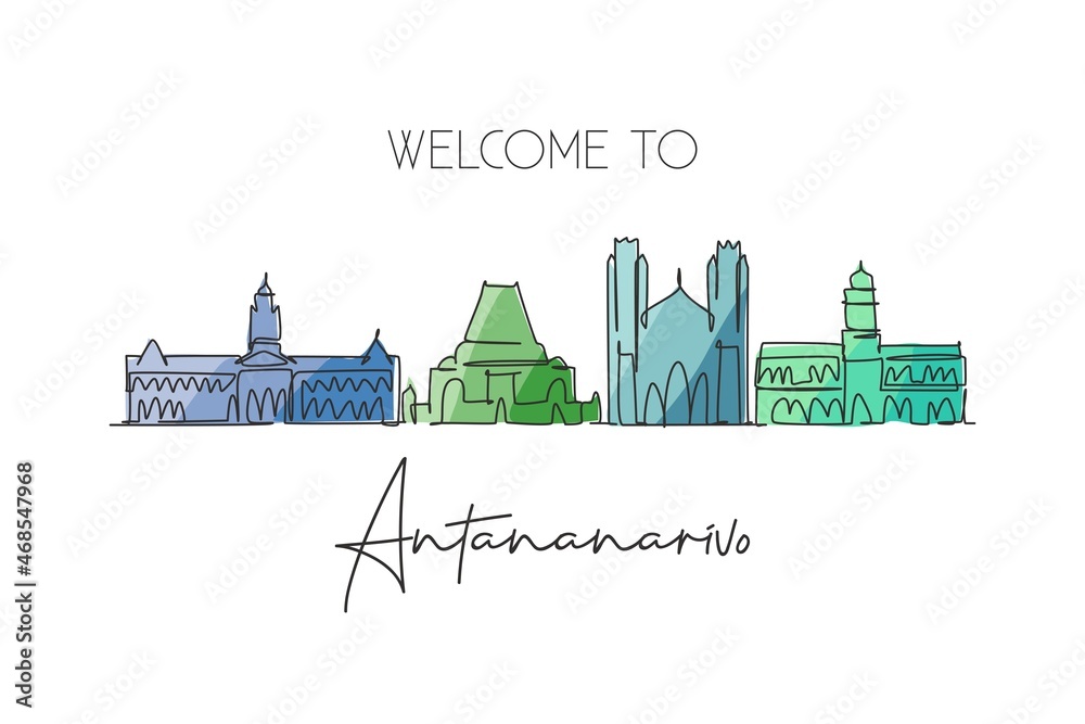 One continuous line drawing of Antananarivo city skyline, Madagascar. Beautiful city landmark. World landscape tourism and travel. Editable stylish stroke single line draw design vector illustration