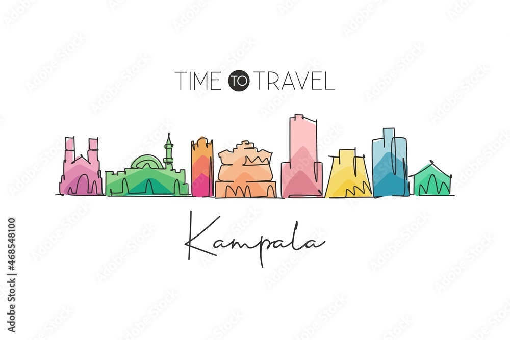 One continuous line drawing of Kampala skyline, Uganda. Beautiful city landmark postcard print. World landscape tourism and travel. Editable stylish stroke single line draw design vector illustration