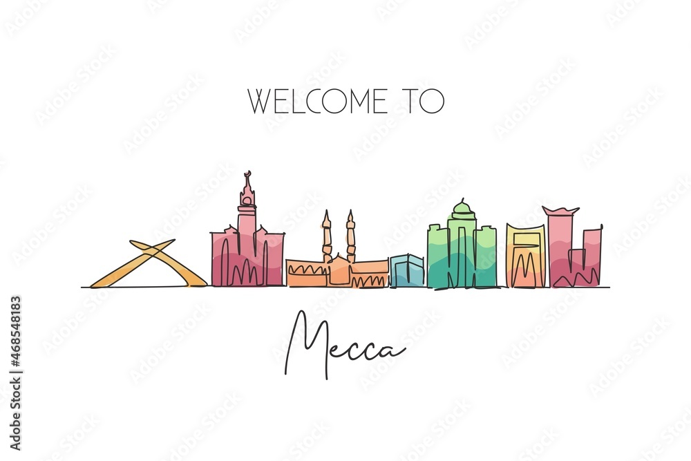 Fototapeta premium One continuous line drawing Mecca city skyline, Saudi Arabia. Beautiful landmark postcard print art. World landscape tourism travel vacation. Stylish stroke single line draw design vector illustration