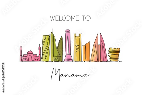 One continuous line drawing Manama city skyline Bahrain. Beautiful landmark postcard print. World landscape tourism travel vacation. Editable stylish stroke single line draw design vector illustration