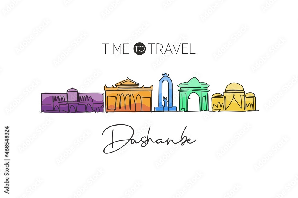 Single continuous line drawing of Dushanbe city skyline, Tajikistan. Famous city landscape home wall decor poster print art. World travel concept. Modern one line draw design vector illustration