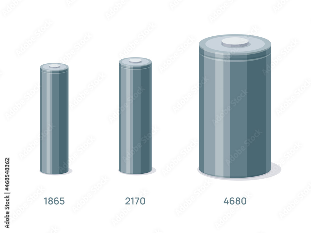 Cylinder battery cell compare 1865, 2170, 4680 type tabless cells. Rechargeable lithium li-ion alkaline accumulator cylinders components. Isolated isometric vector illustration on white background.  - obrazy, fototapety, plakaty 