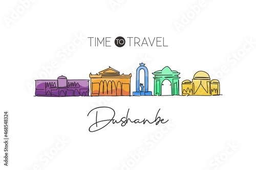 Single continuous line drawing of Dushanbe city skyline, Tajikistan. Famous city landscape home wall decor poster print art. World travel concept. Modern one line draw design vector illustration