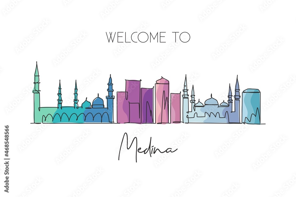 One single line drawing of Medina city skyline, Saudi Arabia. World historical town landscape. Best place holiday destination. Editable stroke trendy continuous line draw design vector illustration