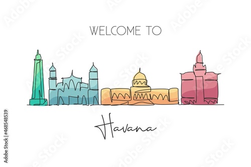 One continuous line drawing Havana city skyline, Cuba. Beautiful landmark postcard print. World landscape tourism travel vacation. Editable stylish stroke single line draw design vector illustration