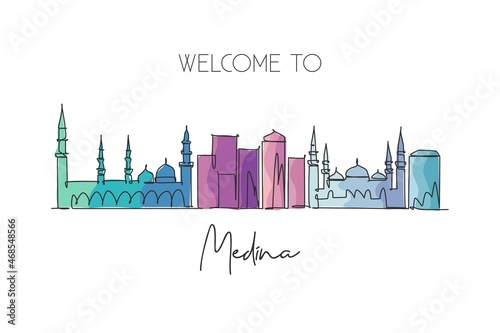 One single line drawing of Medina city skyline, Saudi Arabia. World historical town landscape. Best place holiday destination. Editable stroke trendy continuous line draw design vector illustration