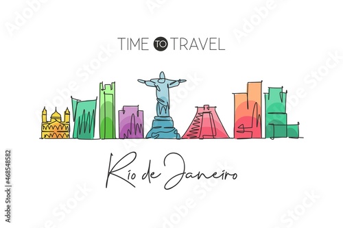 One single line drawing of Rio de Janeiro city skyline, Brazil. World historical town landscape. Best holiday destination home wall decor poster. Trendy continuous line draw design vector illustration