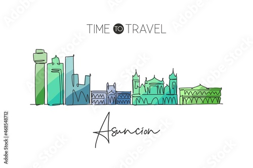 One continuous line drawing of Asuncion city skyline, Paraguay. Beautiful landmark. World landscape tourism and travel vacation. Editable stylish stroke single line draw design art vector illustration