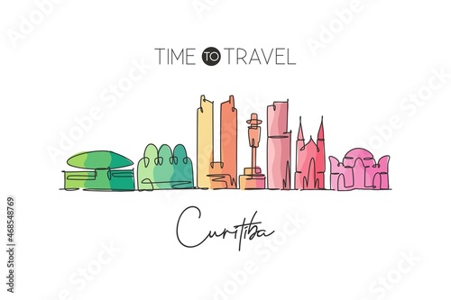 One single line drawing Curitiba city skyline, Brazil. World historical town landscape postcard. Best holiday place destination. Editable stroke trendy continuous line draw design vector illustration photo