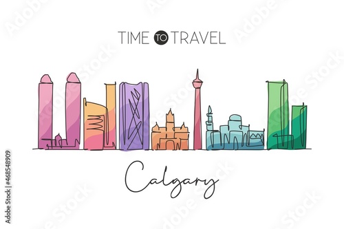 Single continuous line drawing of Calgary city skyline, Canada. Famous city scraper landscape home wall decor poster. World travel destination concept. Modern one line draw design vector illustration photo