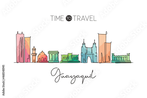 Single continuous line drawing Guayaquil city skyline Ecuador. Famous city scraper landscape postcard. World travel destination concept. Editable stroke modern one line draw design vector illustration
