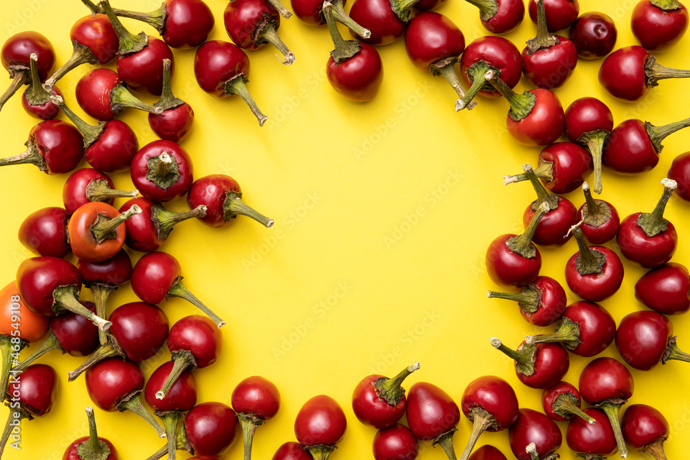 Top view of red hot pepper on the bright ellow surface.Empty space.Colorful cuisine background Top view of red hot pepper on the bright ellow surface.Empty space.Colorful cuisine background