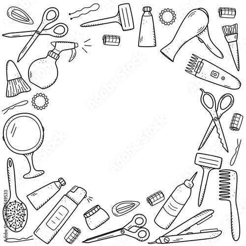 Frame of a set of hairdressing tools, vector illustration doodle scissors, razor, hair dryer, curling iron, curler, comb, brush, cream.