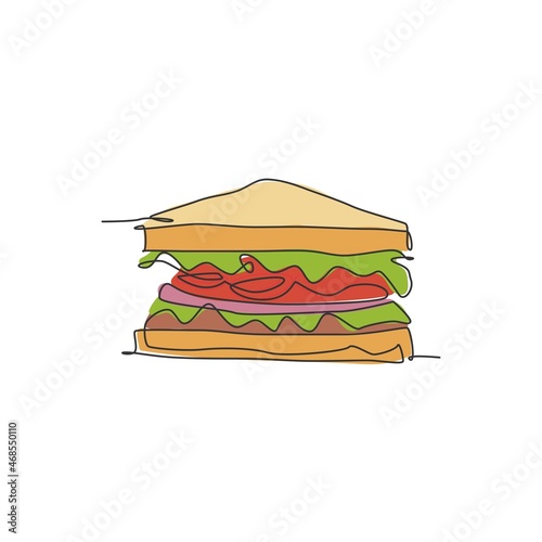 Single continuous line drawing of stylized sandwich logo label. Emblem fast food hot dog restaurant concept. Modern one line draw design vector illustration for cafe, shop or food delivery service